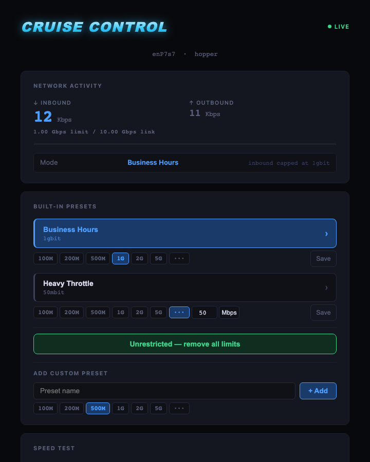 Active throttle — Business Hours preset applied at 1 Gbps