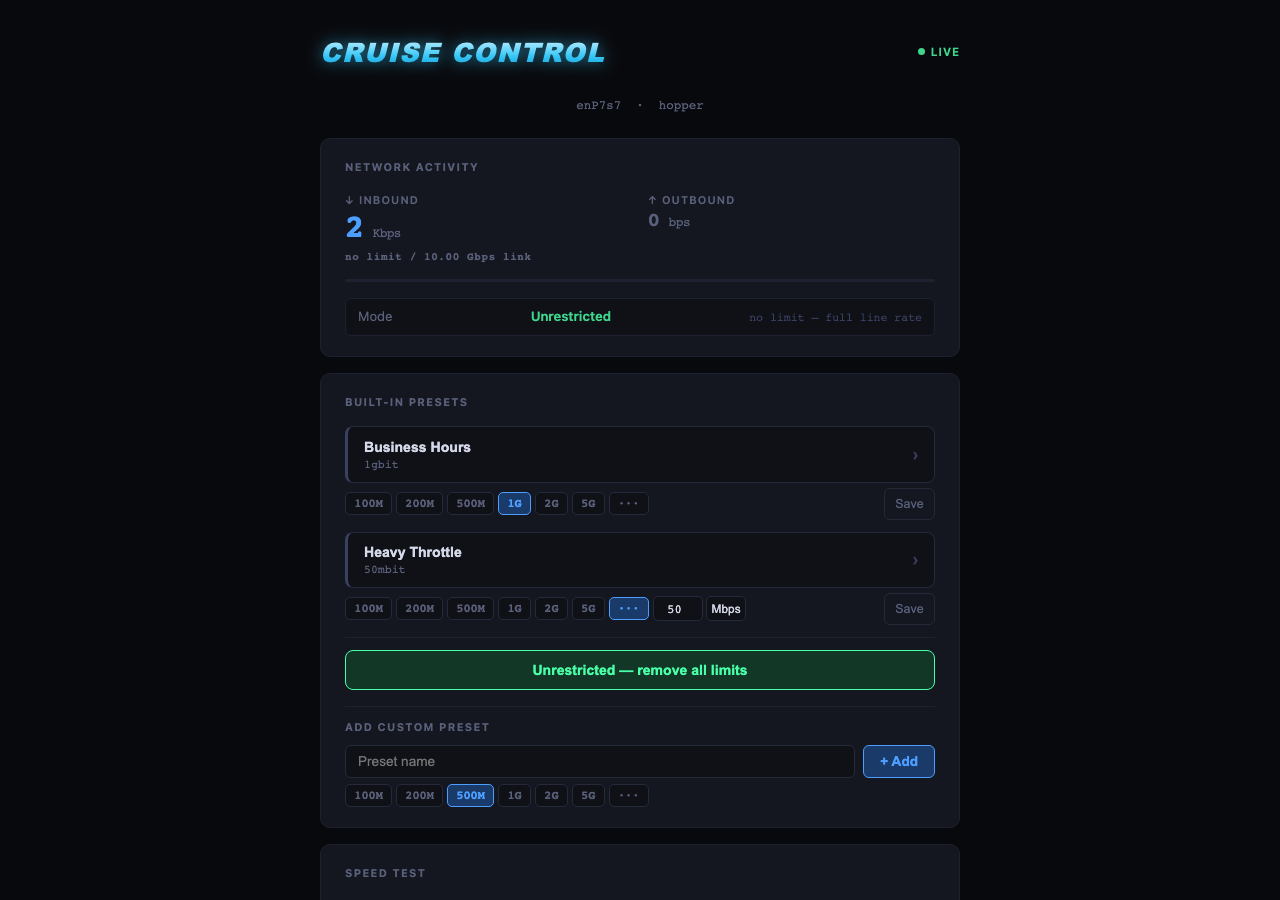 Cruise Control — full UI showing live stats, presets, and speed test