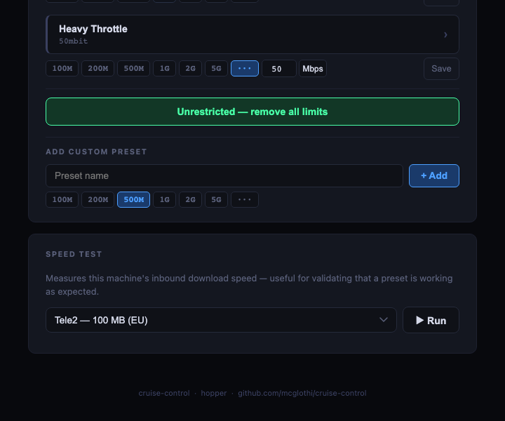Speed test panel and custom preset form