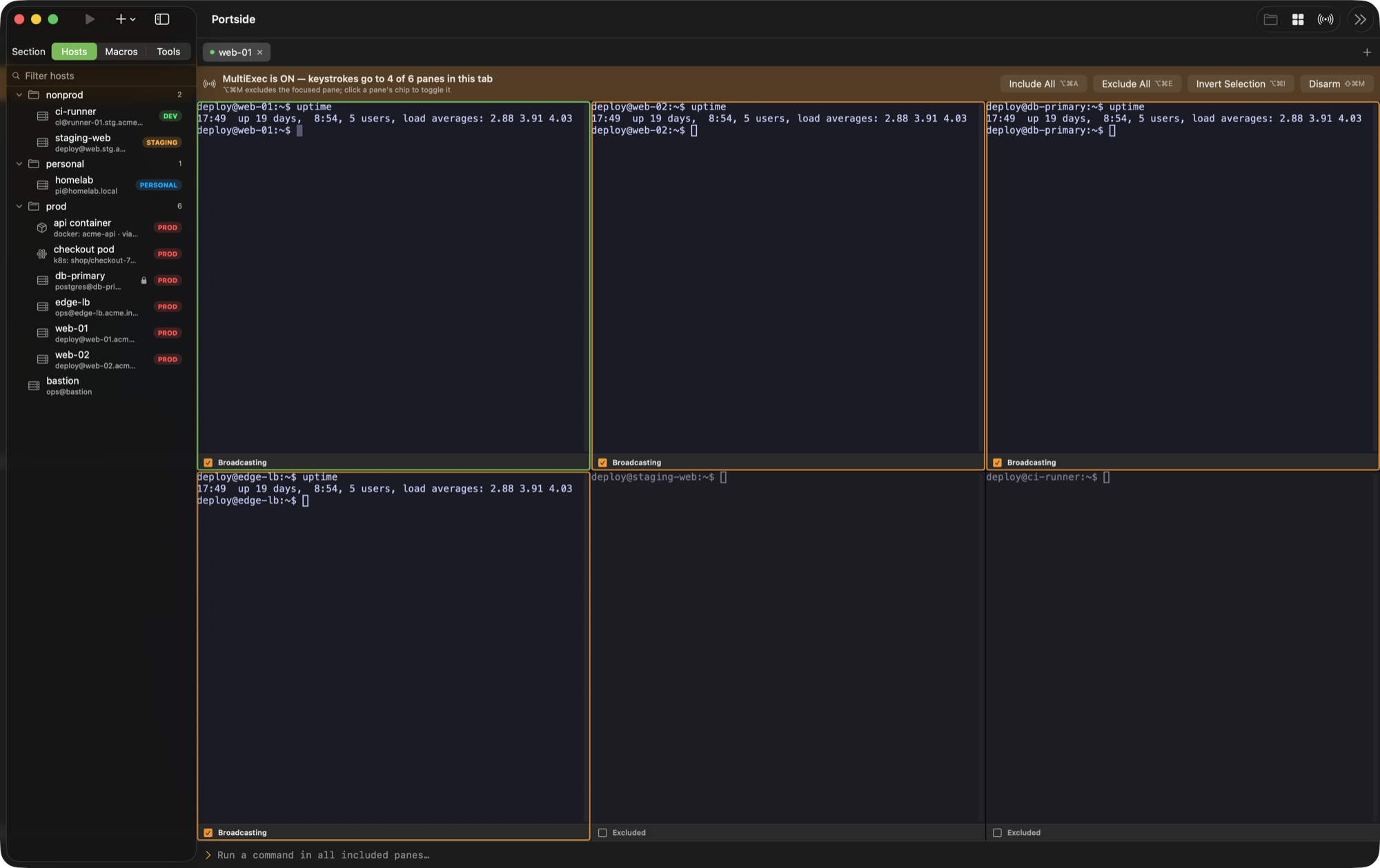 MultiExec broadcasting uptime to four of six panes; two nonprod panes are excluded and dimmed, each pane carries a Broadcasting or Excluded status bar, and the banner offers Include All, Exclude All and Invert Selection