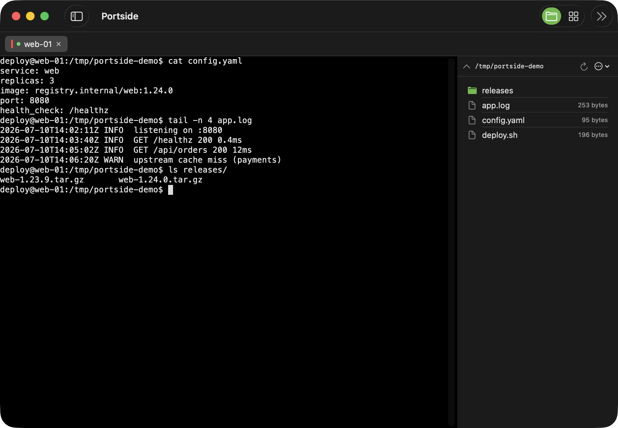 SFTP browser beside the terminal on the same SSH session