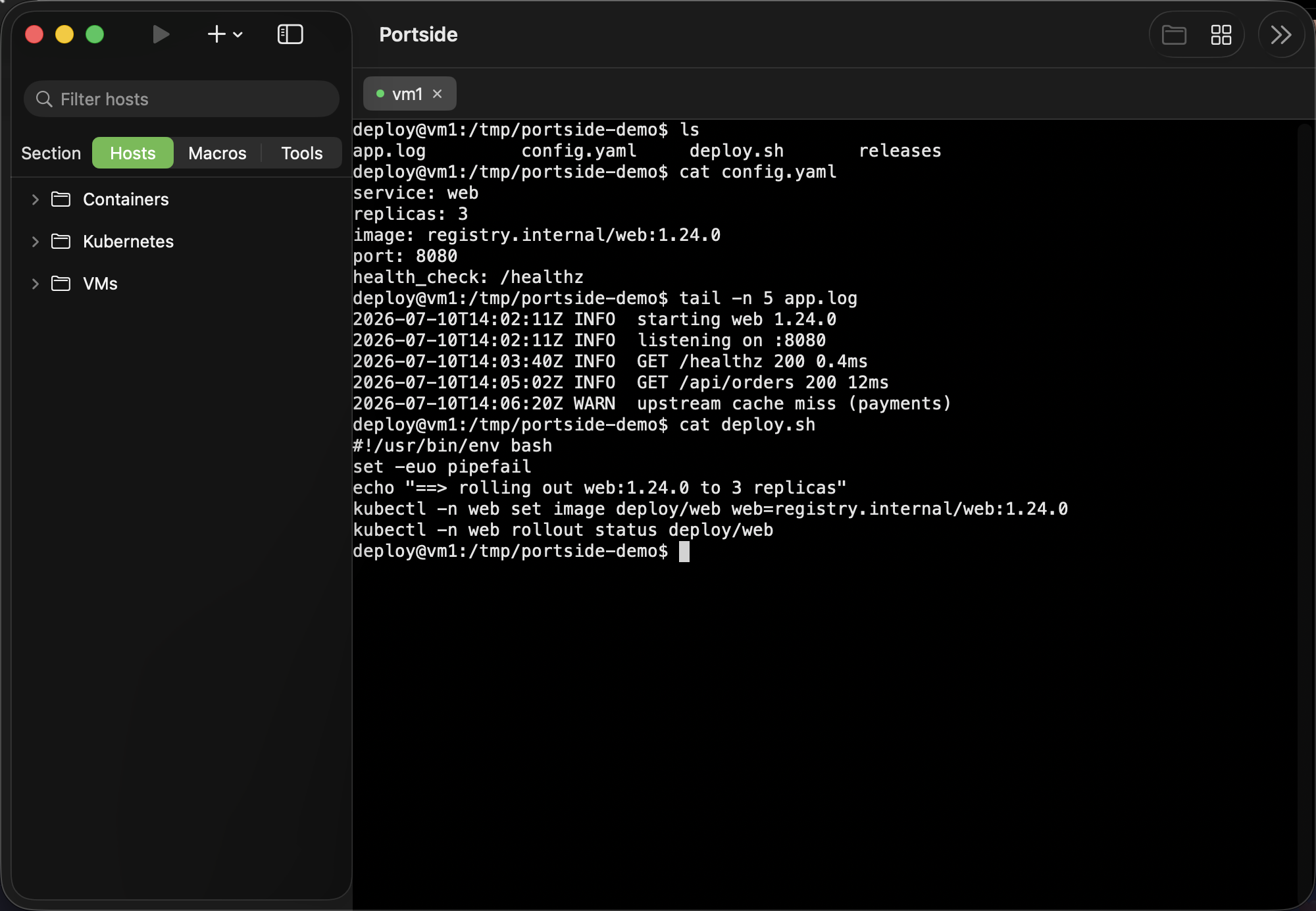 A live SSH session in a native terminal tab